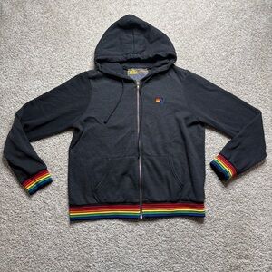 Aviator Nation Black Hoodie with Rainbow Stripe Trim